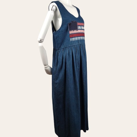 Vintage 1990s Susan Bristol Jumper Dress American Flag Folk Art Cottage Core 8 - Picture 5 of 12